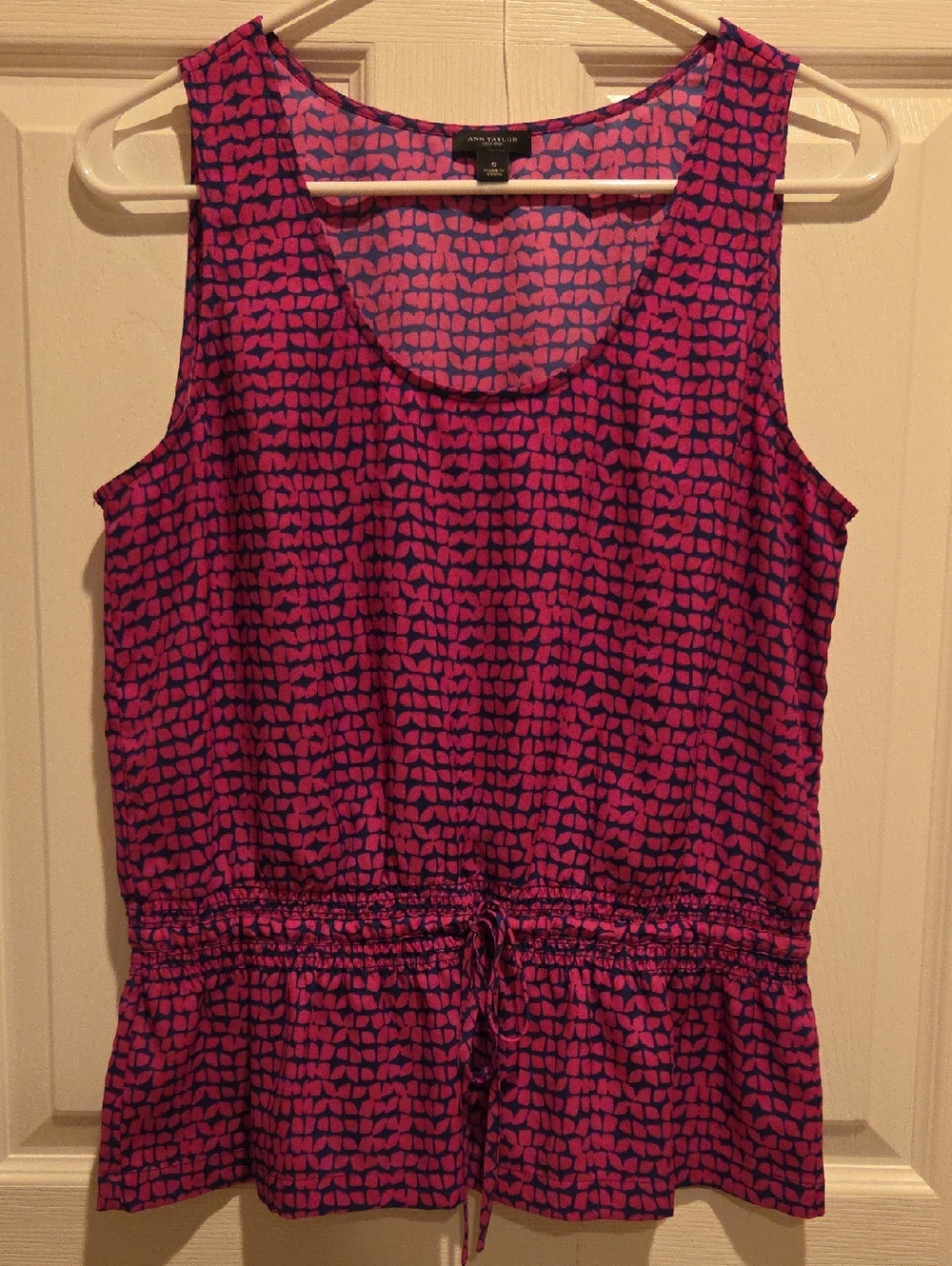 Ann Taylor Pink & Navy Drawstring Peplum Tank